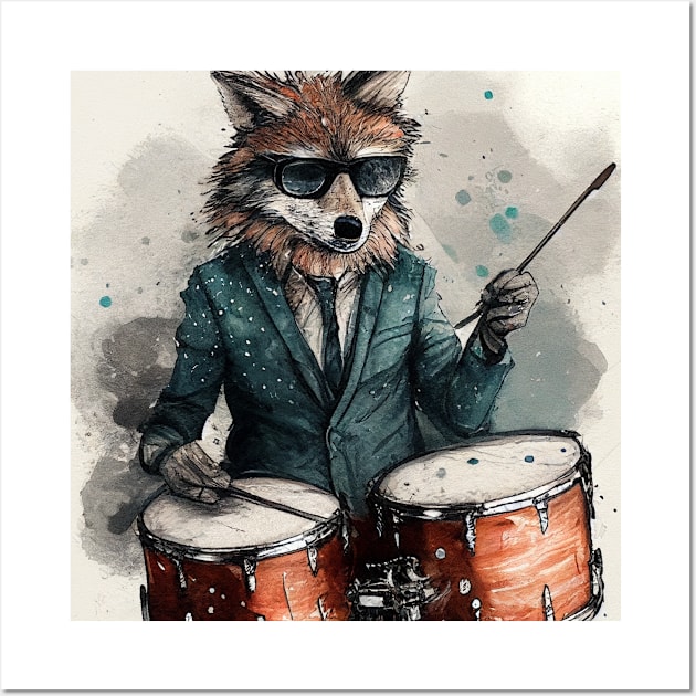 Watercolor Art Wolf Playing Drums Wall Art by SNstore